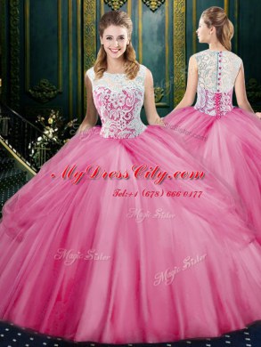 On Sale Four Piece Scoop Rose Pink Zipper 15 Quinceanera Dress Lace and Appliques and Pick Ups Sleeveless Floor Length