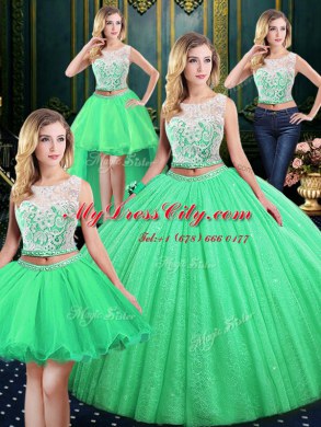 Flirting Four Piece Scoop Tulle and Sequined Lace Up Sweet 16 Dresses Sleeveless Floor Length Lace and Sequins