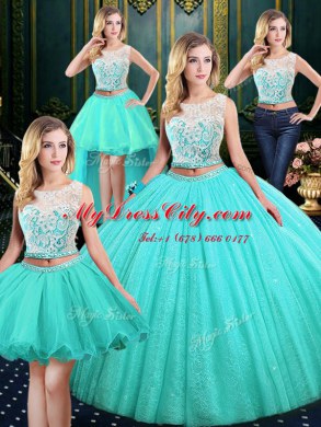 Beauteous Four Piece Scoop Floor Length Lace Up 15th Birthday Dress Blue for Military Ball and Sweet 16 and Quinceanera with Lace and Sequins