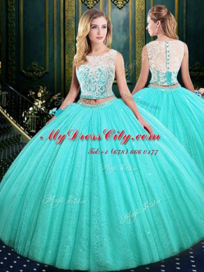Beauteous Four Piece Scoop Floor Length Lace Up 15th Birthday Dress Blue for Military Ball and Sweet 16 and Quinceanera with Lace and Sequins