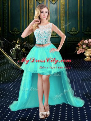 Beauteous Four Piece Scoop Floor Length Lace Up 15th Birthday Dress Blue for Military Ball and Sweet 16 and Quinceanera with Lace and Sequins