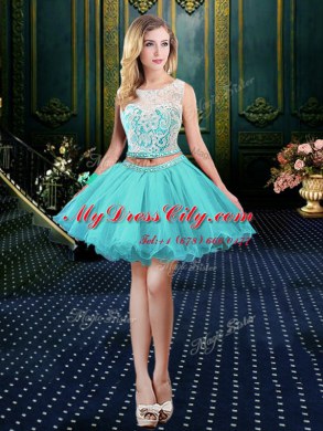Beauteous Four Piece Scoop Floor Length Lace Up 15th Birthday Dress Blue for Military Ball and Sweet 16 and Quinceanera with Lace and Sequins