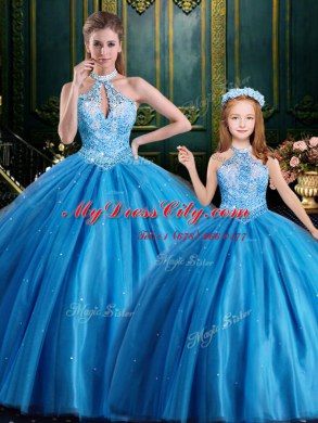 Sumptuous Halter Top Beading and Appliques Ball Gown Prom Dress Baby Blue Lace Up Sleeveless Floor Length