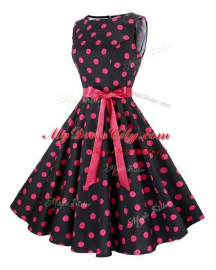 Scoop Red And Black Chiffon Zipper Prom Dresses Sleeveless Knee Length Sashes ribbons and Pattern