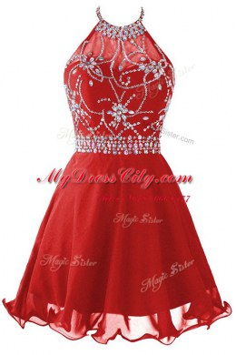 Wonderful Halter Top Red A-line Beading Zipper Organza Sleeveless Mini Length