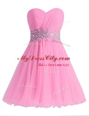 Cute Sleeveless Chiffon Knee Length Lace Up in Rose Pink with Beading and Ruching