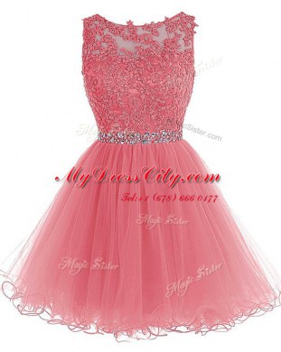 Scoop Watermelon Red A-line Beading and Lace Cocktail Dresses Zipper Chiffon Sleeveless Knee Length