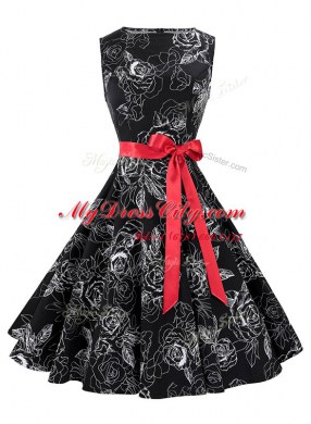 Scoop Black Zipper Evening Dress Sashes ribbons and Pattern Sleeveless Knee Length