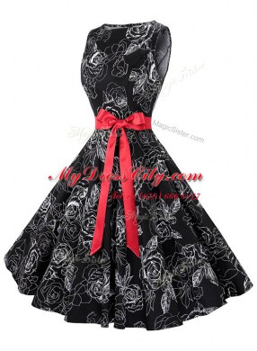 Scoop Black Zipper Evening Dress Sashes ribbons and Pattern Sleeveless Knee Length