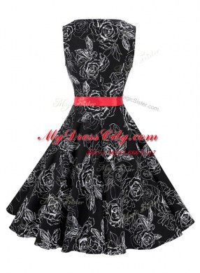 Scoop Black Zipper Evening Dress Sashes ribbons and Pattern Sleeveless Knee Length