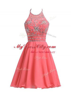Delicate Halter Top Watermelon Red Chiffon Zipper Prom Party Dress Sleeveless Knee Length Beading