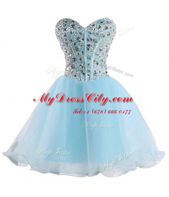 Simple Sleeveless Mini Length Beading Lace Up Cocktail Dress with Baby Blue
