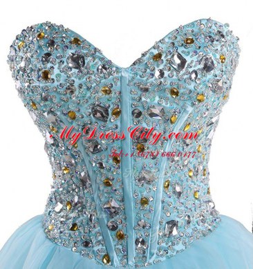 Simple Sleeveless Mini Length Beading Lace Up Cocktail Dress with Baby Blue