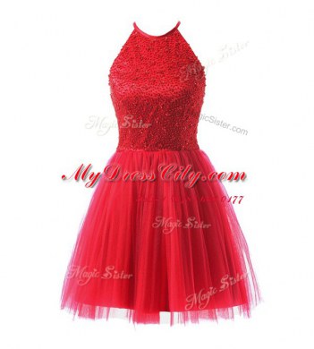 High End Scoop Knee Length Coral Red Prom Gown Tulle Sleeveless Beading