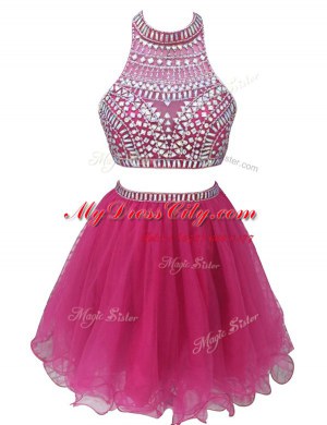 Flare Mini Length Fuchsia High-neck Sleeveless Zipper