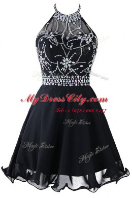 Unique Scoop Black Zipper Prom Party Dress Beading and Belt Sleeveless Mini Length