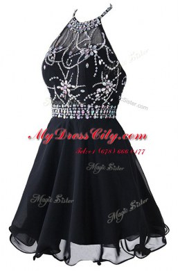 Unique Scoop Black Zipper Prom Party Dress Beading and Belt Sleeveless Mini Length