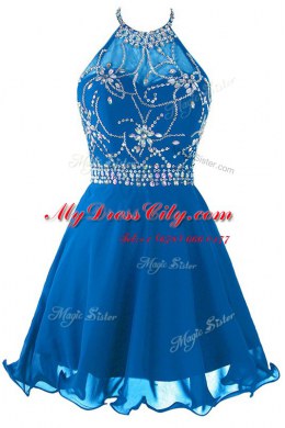 Scoop Blue Empire Beading and Belt Prom Party Dress Zipper Organza Sleeveless Mini Length