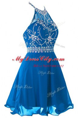 Scoop Blue Empire Beading and Belt Prom Party Dress Zipper Organza Sleeveless Mini Length
