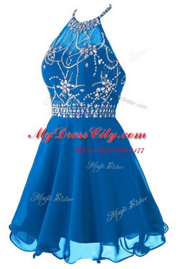 Scoop Blue Empire Beading and Belt Prom Party Dress Zipper Organza Sleeveless Mini Length