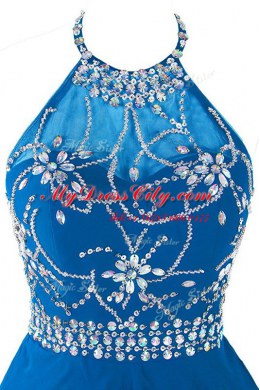 Scoop Blue Empire Beading and Belt Prom Party Dress Zipper Organza Sleeveless Mini Length