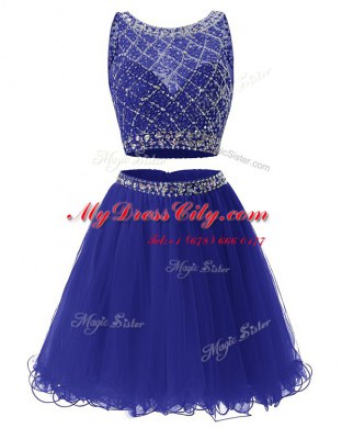 Scoop Sleeveless Organza Mini Length Side Zipper Prom Party Dress in Royal Blue with Beading and Belt
