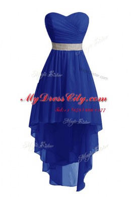 Stylish Blue Empire Belt Prom Gown Lace Up Organza Sleeveless High Low