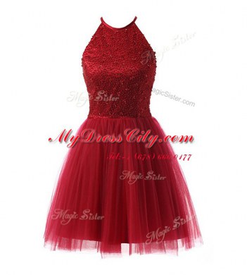 Scoop Knee Length Zipper Prom Dress Wine Red for Prom and Party with Beading
