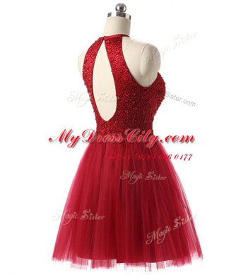 Scoop Knee Length Zipper Prom Dress Wine Red for Prom and Party with Beading