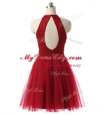 Scoop Knee Length Zipper Prom Dress Wine Red for Prom and Party with Beading