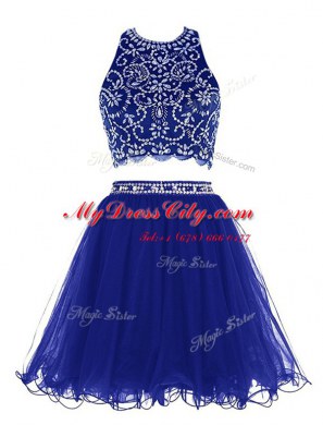 Scoop Royal Blue Chiffon Criss Cross Prom Dresses Sleeveless Mini Length Beading