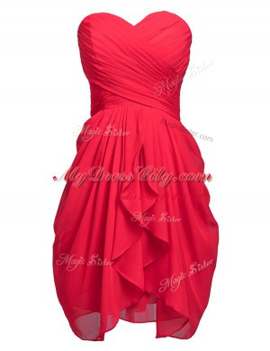 Discount Knee Length Lace Up Prom Gown Coral Red for Prom and Party with Ruching