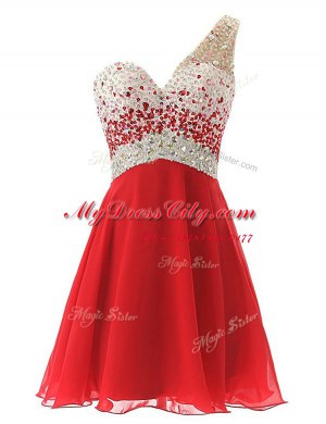 Delicate One Shoulder Sleeveless Prom Gown Knee Length Beading Red Chiffon