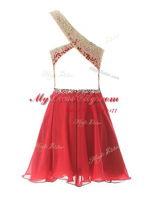 Delicate One Shoulder Sleeveless Prom Gown Knee Length Beading Red Chiffon