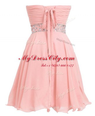 Sleeveless Mini Length Beading and Belt Lace Up Prom Dress with Pink