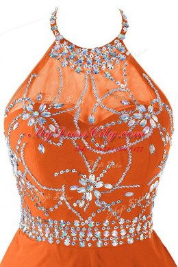 Wonderful Mini Length Orange Prom Party Dress Halter Top Sleeveless Zipper