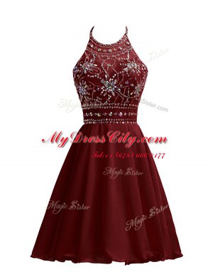 Elegant Halter Top Beading Burgundy Zipper Sleeveless Knee Length