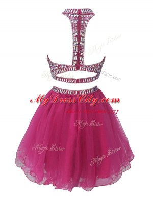 Simple Watermelon Red A-line Chiffon High-neck Sleeveless Beading Mini Length Zipper Evening Dress