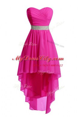 Dazzling Hot Pink Prom Gown Prom and Party and For with Belt Sweetheart Sleeveless Lace Up