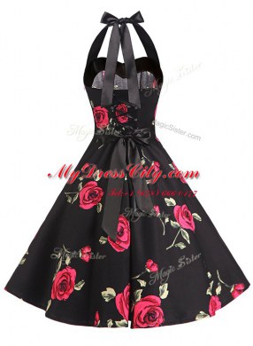 Super Halter Top Black Chiffon Zipper Prom Dresses Sleeveless Knee Length Sashes ribbons and Pattern