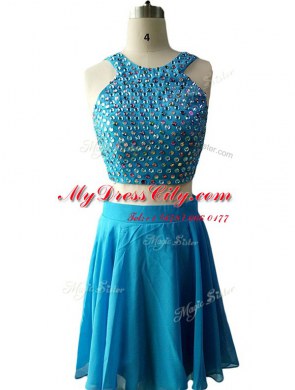 Admirable Teal A-line Scoop Sleeveless Chiffon Knee Length Zipper Beading Prom Gown