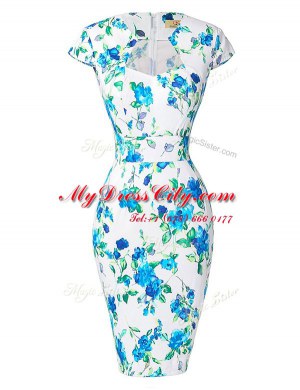 Lovely Blue And White Cap Sleeves Knee Length Pattern and Belt Zipper Dress for Prom