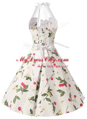 White Halter Top Neckline Sashes ribbons and Pattern Homecoming Dress Sleeveless Zipper