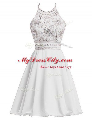 Custom Designed Chiffon Halter Top Sleeveless Zipper Beading Cocktail Dresses in White
