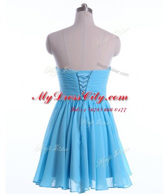 Baby Blue Chiffon Lace Up Sweetheart Sleeveless Mini Length Prom Evening Gown Beading