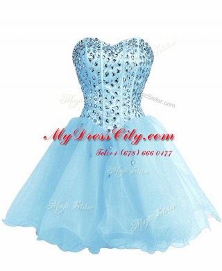 Cute Baby Blue Lace Up Prom Dress Beading Sleeveless Mini Length