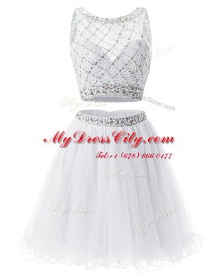 White A-line Organza Sweetheart Sleeveless Beading and Belt Mini Length Side Zipper Dress for Prom