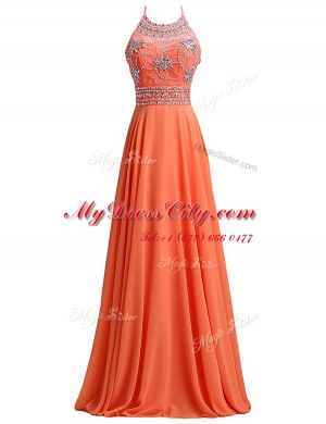 Admirable Scoop Sleeveless Chiffon Prom Evening Gown Beading and Belt Sweep Train Zipper