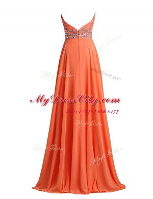 Admirable Scoop Sleeveless Chiffon Prom Evening Gown Beading and Belt Sweep Train Zipper