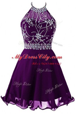 Purple Halter Top Zipper Beading Prom Gown Sleeveless